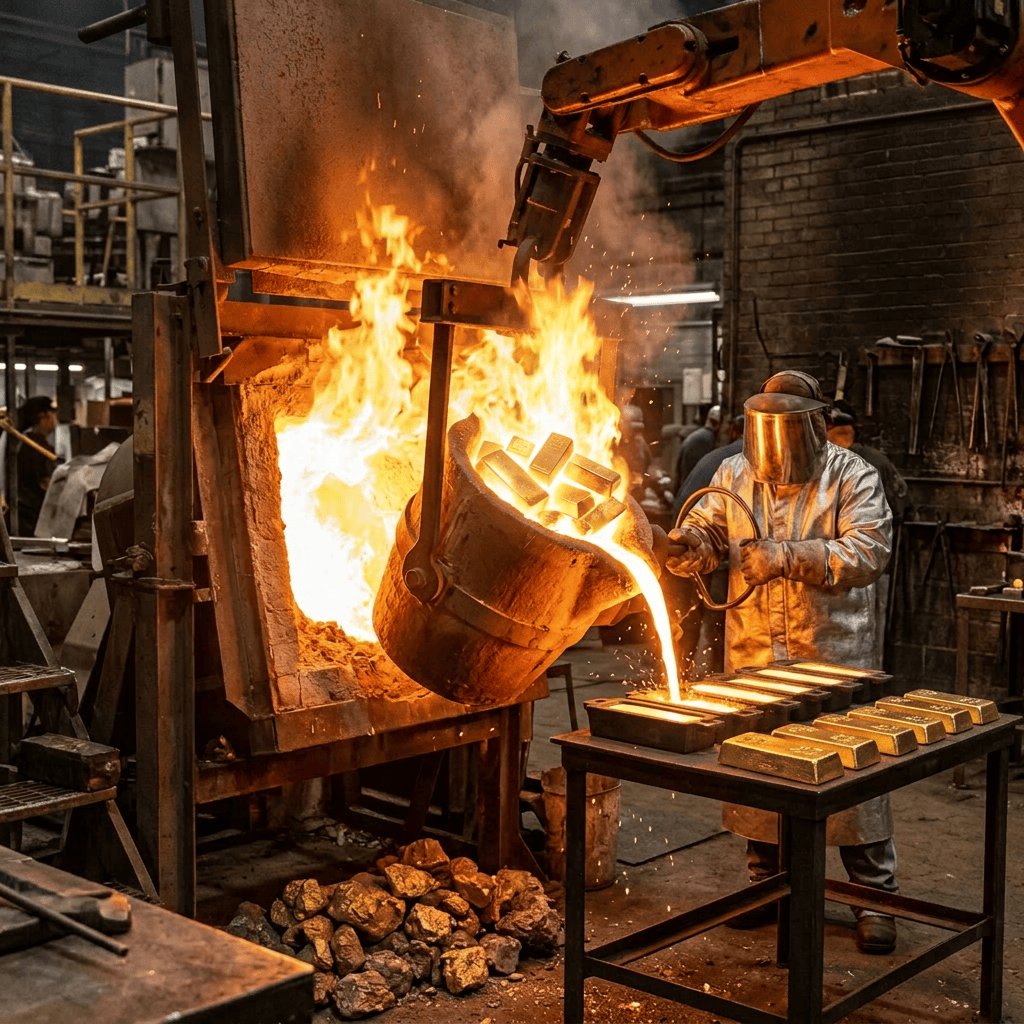 Worker wearing protective gear pouring molten metal into molds